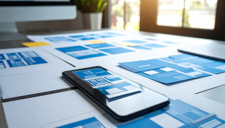 Smartphone screen mockup with blank business card on desk in officeの素材