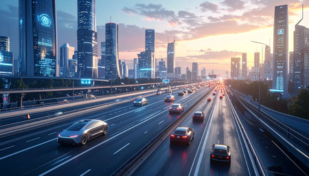 highway and cityscape of shanghai at sunset,China.の素材