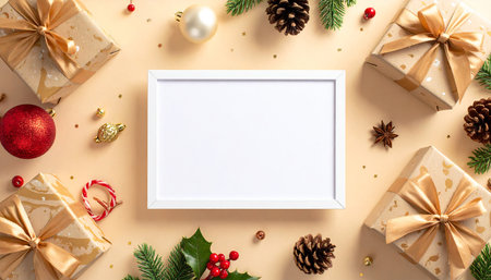 Christmas composition. Frame, christmas decorations, gift boxes on pastel beige background. Flat lay, top view, copy spaceの素材