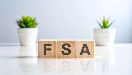 FSA - Financial Safety Act acronym on wooden cubes on a light backgroundの素材