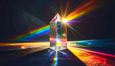 Magic crystal with rainbow rays. 3d illustration. Selective focus.の素材