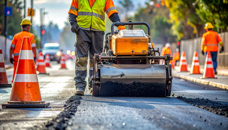 Asphalt road construction workers working on a new road construction site.の素材