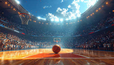 Basketball ball on the background of the arena. 3d renderingの素材