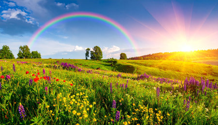 Wonderful summer landscape with blooming meadow and rainbow in skyの素材