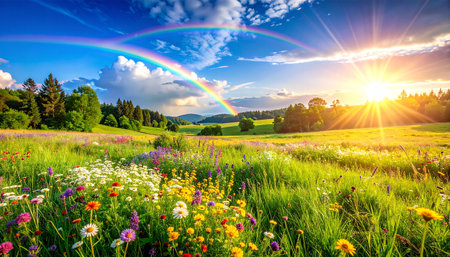 Wonderful summer landscape with blooming meadow and rainbow in skyの素材