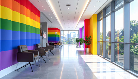 Interior of modern office building with colorful walls and rows of chairsの素材