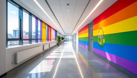 Interior of modern office building with bright colorful wall and glass windowsの素材
