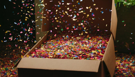 Open box with confetti and ribbons. Blurred background.の素材