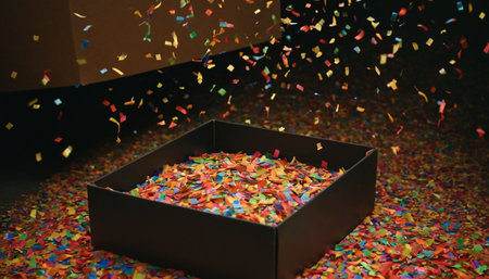 Colorful confetti in a black box on a dark background.の素材