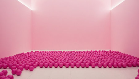 Pink empty room with pink balls on the floor. 3d renderingの素材