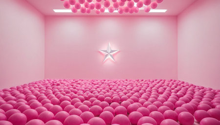 Pink room with pink balls and star, 3d rendering. Computer digital drawing.の素材
