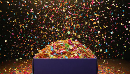 Colorful confetti in a box on a dark background. Selective focus.の素材