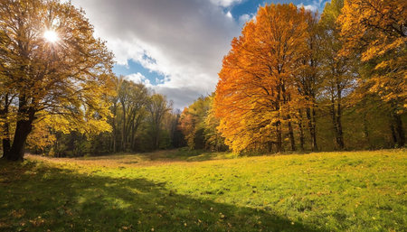 Autumn landscape with colorful trees and meadow in the forest.の素材