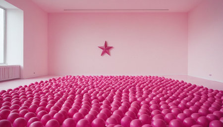 Empty hall with pink balls and a red star. 3d renderingの素材