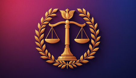 Law and justice concept. Laurel wreath with scales of justice. Vector illustration.の素材