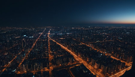 Aerial view of the city at night, Shanghai, China.の素材