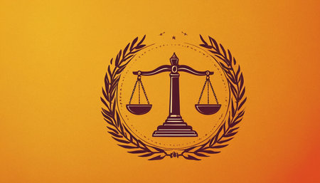 Law and Justice Scales Icon with laurel wreath on orange backgroundの素材