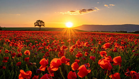 Beautiful sunset over a field of poppies with a tree in the backgroundの素材