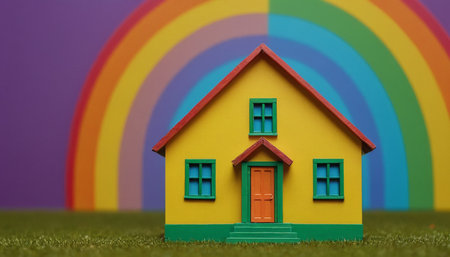 House model on green grass with rainbow background. 3D illustration.の素材