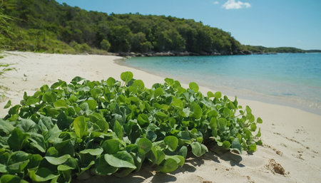 green leaves on a white sand beach and turquoise sea in the backgroundの素材