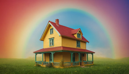 House in the meadow with a rainbow in the background. Conceptual image.の素材