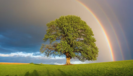 Lonely tree in the meadow with rainbow in the skyの素材