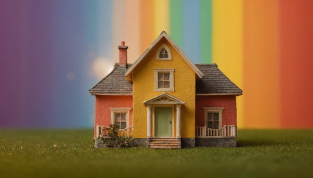 Miniature house on the grass in front of a rainbow background.の素材