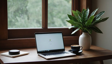Laptop and coffee cup on wood table in front of window.の素材
