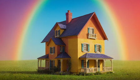 House in the meadow with rainbow in the background, 3d renderの素材