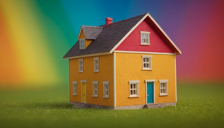 House model on green grass with rainbow background. Real estate concept.の素材