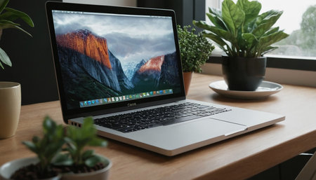 Laptop on wooden table in modern office room. Close up viewの素材
