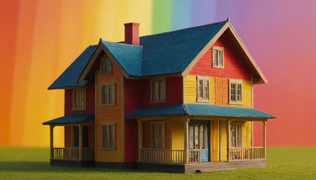 House model on a background of the rainbow. Conceptual image.の素材