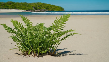Green fern growing on a tropical beach in Seychellesの素材