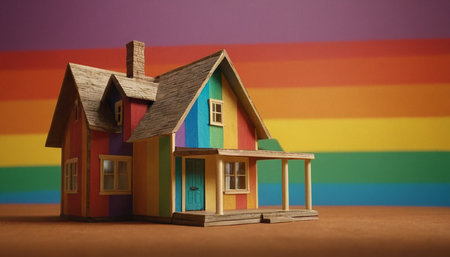 House model on the background of a rainbow flag. Conceptual image.の素材