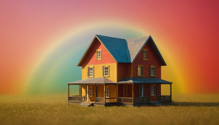 3D illustration of a small house with a rainbow in the backgroundの素材
