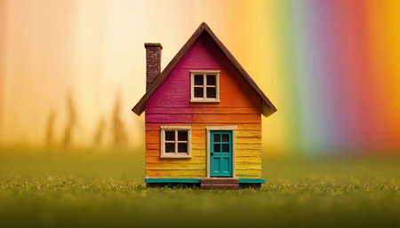 House model on green grass in front of rainbow background. Real estate conceptの素材