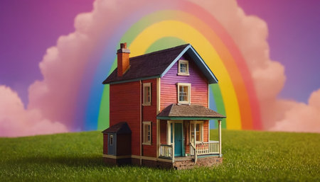 House on the grass with rainbow in the background. 3D illustration.の素材