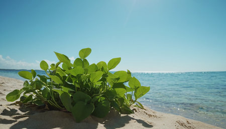 Green plant on the beach with blue sky and sea in the backgroundの素材