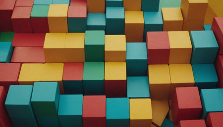 Abstract background of multicolored wooden toy cubes. Top view.の素材
