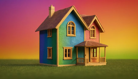 House model on green grass and colorful background. Real estate concept.の素材