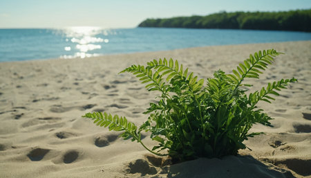 Green fern growing on the sandy beach near the sea in summerの素材