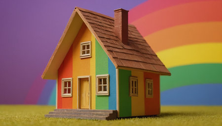 House model on the grass with rainbow background, real estate concept.の素材