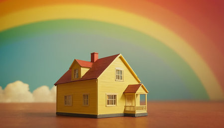 House model on rainbow background. Real estate concept. 3d illustrationの素材