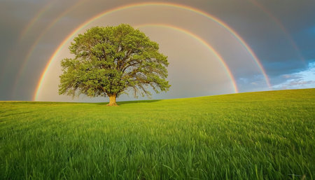 Single tree on a green meadow with a rainbow in the skyの素材