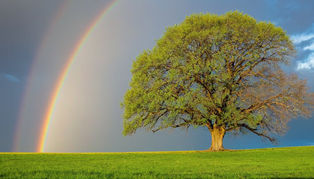 A single tree with a rainbow in the sky over a green fieldの素材