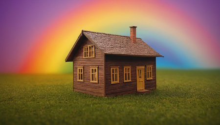 House model on green grass with rainbow background. Real estate concept.の素材