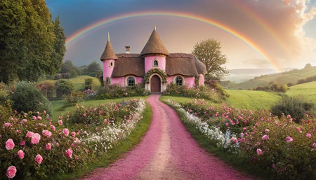 Rainbow over a pink chapel in the middle of a meadowの素材
