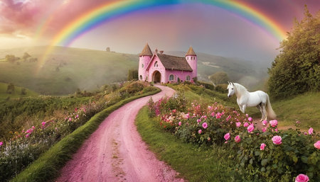 Rainbow over a pink chapel in the Carpathian mountains.の素材