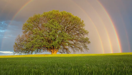 A single tree in a field with a rainbow in the background.の素材