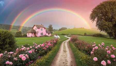 Rural landscape with a pink house and rainbow in the sky.の素材